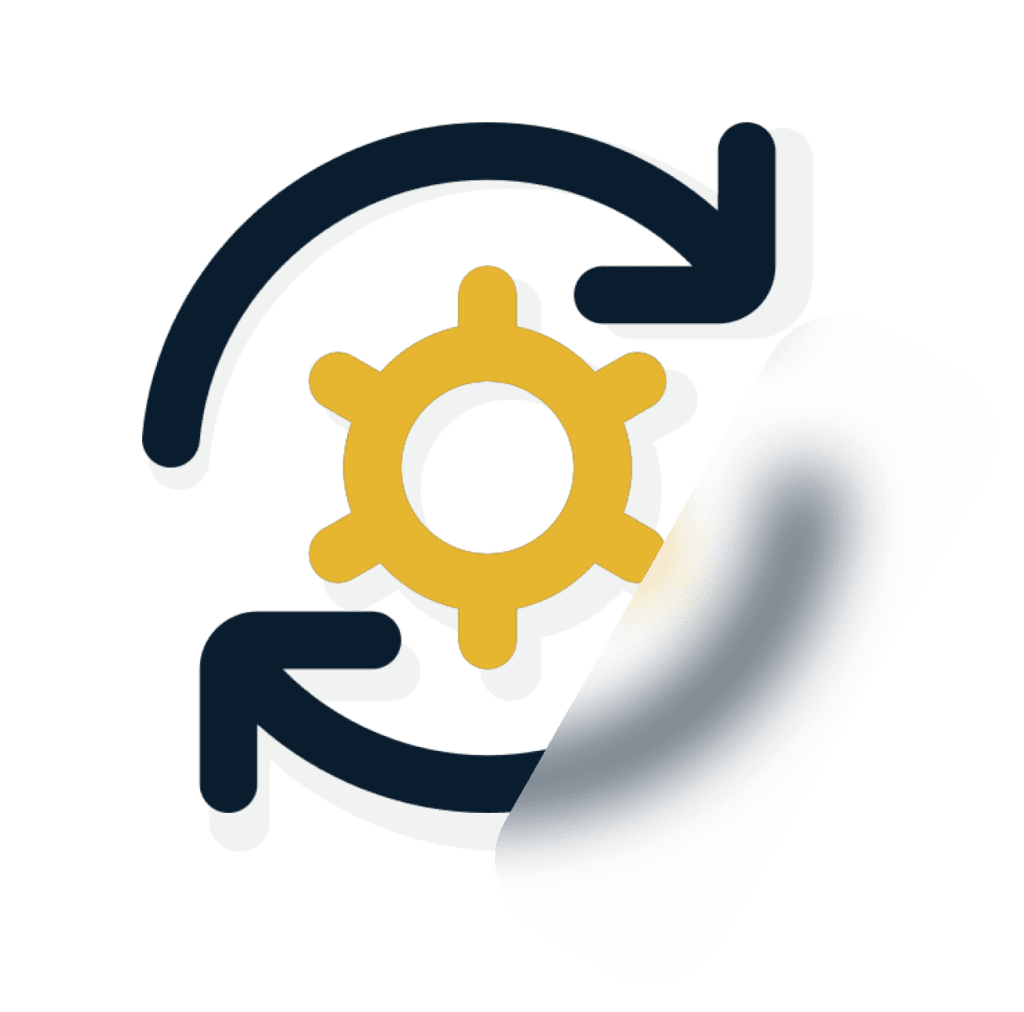 Ícone de engrenagem com setas circulares simbolizando a implantação, treinamento e testes de novos processos.